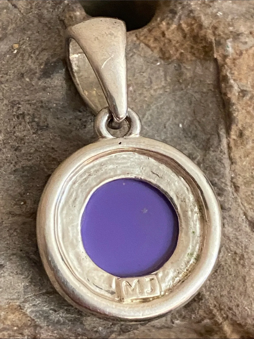 Vintage 80s Purple Acrylic Cabochon Set in Silver Round Pendant